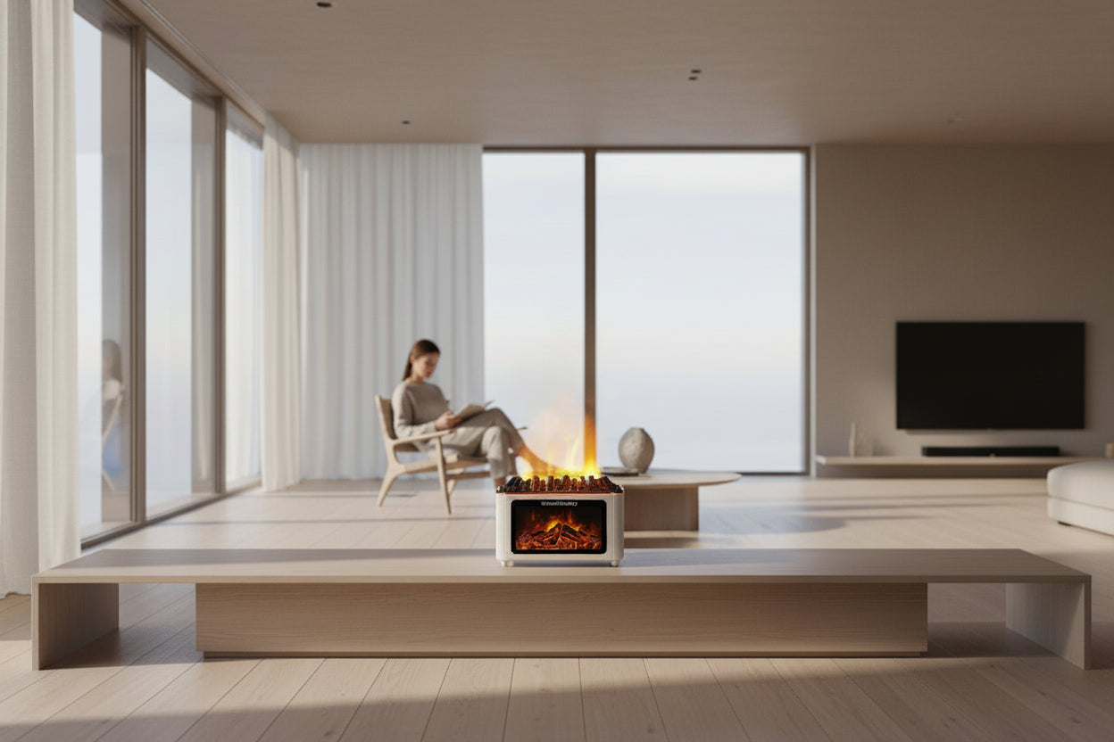 Portable electric humidifier with flames on a table, woman reading in the background